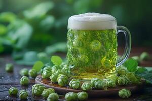 Fresh Craft Beer with Hop Cones and Greenery for Brewery Marketing photo