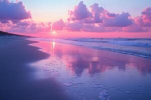 Romantic Sunset Over Tranquil Beach with Reflection of Pink Clouds photo