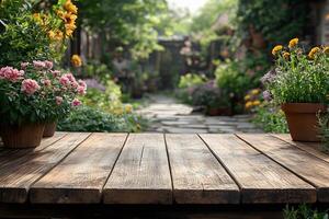 Rustic Garden Setting with Flowers and Wooden Table for Outdoor Decor Ideas photo