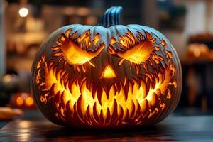 Intricately Carved Halloween Pumpkin with Fiery Glow for Seasonal Decor photo