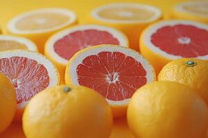Vibrant Citrus Medley Fresh Oranges and Grapefruit Slices on Bright Yellow Background photo