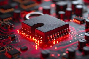 Cybersecurity Concept with Glowing Red Circuit Board and Lock Design for Technology Posters photo