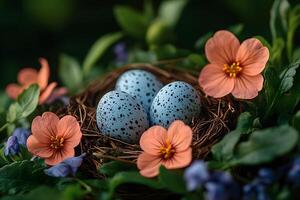 Springtime Easter Nest with Speckled Eggs and Blooming Flowers for Seasonal Decor photo