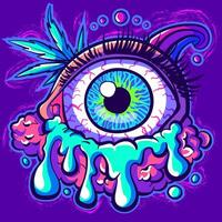 Acid trippy sticker of an eyeball with clouds and liquid slime. Psychedelic human eye with lashes with radioactive ooze. vector
