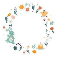 Round frame with spring flowers, Easter bunny, chicken, colorful eggs. vector