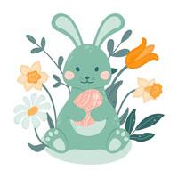 Bunny sits and holds a painted egg on a background of flowers in his paws. vector