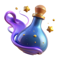 Enchanted Potion Bottle Render, Magical Elixir, Fantasy Illustration, Purple and Gold, Sparkling Stars, Abstract Background, Whimsical Design, Mystical Vibe, Digital Art, Game Asset, Model, png