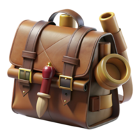 3D Render Brown Leather Backpack, Adventurer's Bag, Travel Satchel, Vintage Style, Game Asset, Cartoonish Design, Fantasy Bag, Detailed Texture, High-Resolution Image, 3D Model png