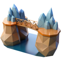 Low Poly 3D Render of a Wooden Bridge Connecting Two Crystal Mountain Islands png