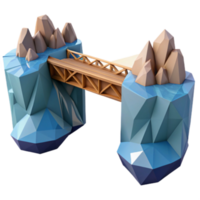 Low Poly 3D Render of Wooden Bridge Connecting Two Crystalline Rock Islands png