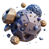 Abstract 3D Render of Geometric Planet with Orbiting Asteroids png