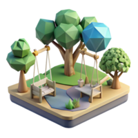 Low Poly 3D Render of a Playground Scene with Swings and Trees png