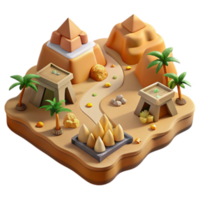 3D Render Desert Oasis Island Game Asset Pyramids, Palm Trees, and Ancient Structures png