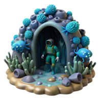 3D Render Ocean Cave Exploration Astronaut in Subaquatic Scene with Bioluminescent Flora and Fauna png