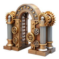 Steampunk Archway 3D Render Golden Gears, Metallic Columns, and Intricate Mechanisms png