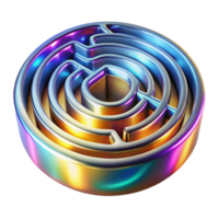 Circular 3D Maze Illustration, Iridescent Metal Texture, Abstract Design, Colorful Labyrinth, Puzzle Game Graphic, Intricate Pattern, Geometric Art, Shiny Surface, Rainbow Hues, Visual Riddle png