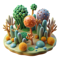 Whimsical 3D Render of a Fantasy Landscape with Colorful Cartoon Plants and Mushroom png
