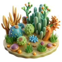 Vibrant 3D Render of a Whimsical Underwater Scene with Cartoonish Coral Reefs and Lush Vegetation png