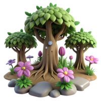 Cartoon 3D Render of a Whimsical Forest Scene with Trees and Flowers png