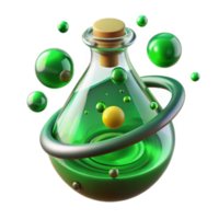 3D Render Green Potion Bottle with Floating Bubbles Abstract Background png