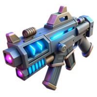 Futuristic Sci-Fi Weapon 3D Render, Neon Lights, Detailed Design, Cyberpunk Style, Grey and Gold Submachine Gun, High-Resolution Image, Fantasy Gadget, Digital Art, Game Asset png