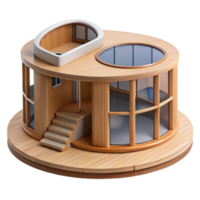 Modern Wooden Round House 3D Illustration, Circular Home Design with Rooftop Terrace and Skylight png