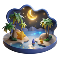 Serene Nighttime Island 3D Render Tranquil Moonlit Oasis with Palm Trees, Star, and Calm Waters png