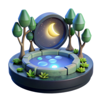 Enchanted Moonlit Pond 3D Illustration Serene Night Scene with Glowing Water and Lush Greenery png