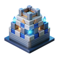 3D Render of a Blocky Castle Illustration Blue and Gray Cuboid Structure with Glowing Elements png