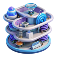 Futuristic 3D Building Illustration, Abstract Architecture Design, Circular Structures, Vibrant Colors, Modern Sci-Fi Cityscape, Smooth Surfaces, Layered Design, Innovative Technology, Creative Render png