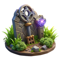 Enchanted Key 3D Render Fantasy Stone Archway with Glowing Fleur-de-lis and Lush Greenery png