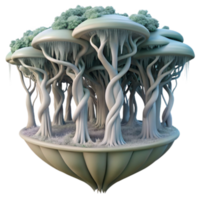 Enchanted Floating Island 3D Render Fantasy Forest with Twisted Trees and Icy Caps png