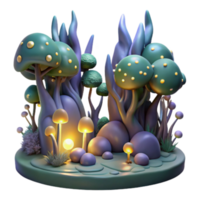 Enchanted 3D Mushroom Forest Illustration Glowing Fungi and Cartoon Trees png