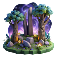 Enchanted Forest Night 3D Illustration Mystical Trees, Glowing Mushrooms, and Starry Sky Background png