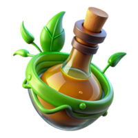 3D Render of a Magical Elixir Bottle Nestled in Green Leaves png