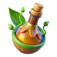 3D Render of Honey Potion Bottle with Leaves, Game Asset, Fantasy Elixir, Magical Brew, Herbal Remedy, Cartoon Style, Game Design Element, Digital Illustration png