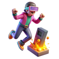 Joyful 3D Render of a Person in VR Headset Jumping over Retro Device png
