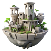Fantasy Island 3D Render Overgrown Ruins, Floating Citadel, Stylized Architecture, Lush Vegetation, Game Asset, Circular Island, Stone Structures, Towering Buildings, Detailed Model png