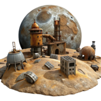 3D Render of a Lunar Industrial Colony Rusty Structures on a Cratered Moon png