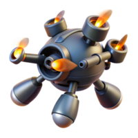 Futuristic 3D Render of a Flying Sphere Robot with Propellers and Flames png