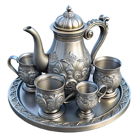 Silver Teapot and Cups Isometric Render png