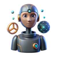 3D Render of Friendly Robot Avatar with Network Globe and Peace Symbol Illustration png