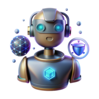 3D Render of a Friendly Robot with Network Sphere and Shield Icon Illustration png