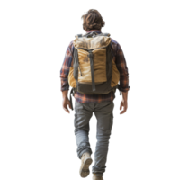 Male backpacker walking through a tranquil environment with a large backpack during daylight hours, male backpacker walking, back view, isolated transparent background png