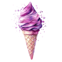 Delicious watercolor ice cream cone swirled with purple hues on a plain transparent background, ice cream on a transparent background. ice cream isolated on transparent background png