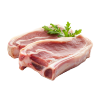 Raw pork chops with fresh garnish arranged on a clean transparent background for culinary presentation, Raw pork on transparent background png