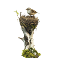 A small bird rests in its nest on a weathered tree branch surrounded by fresh greenery, A bird in a nest on an old tree branch on a transparent background png