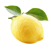 Fresh lemon with vibrant color and green leaves isolated on a clean transparent background for culinary use, Fresh lemon isolated on transparent background png
