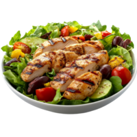 Warm grilled chicken salad served in a bowl with fresh vegetables and greens, perfect for a healthy meal, Isolated portion of warm chicken grilled salad png