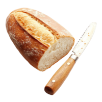 Freshly baked bread and serrated knife resting on a clean, transparent surface with soft lighting, Bread and bread knife on transparent background png
